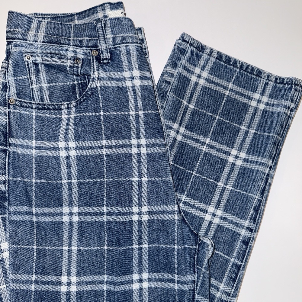 PacSun Plaid Dad Jeans Size 26 High Rise Button Fly Blue White Check 90s Grunge